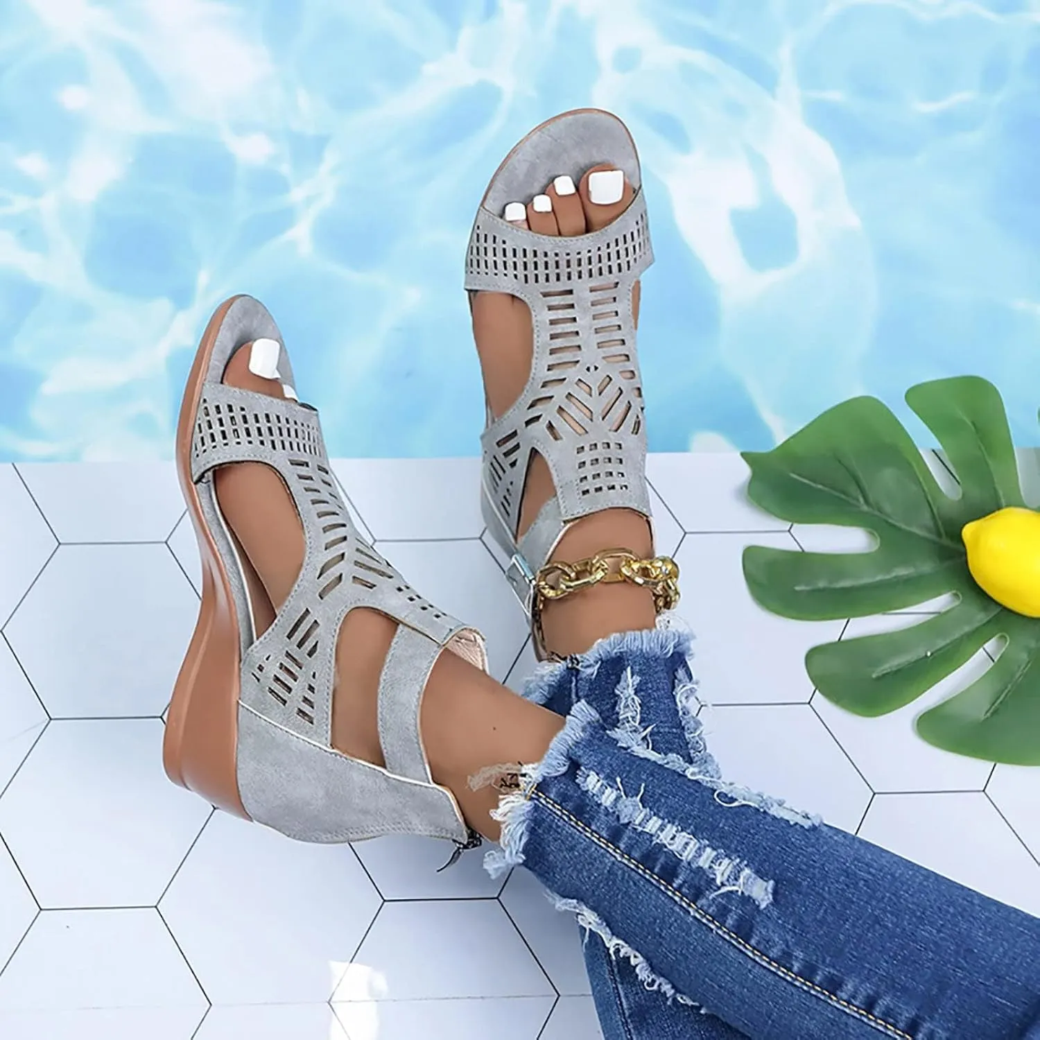 Women's Open Toe Wedge Heeled Sandals Trendy Casual Comfort Strap Cutout Zip Back Non Slip Shiny Cover Heel Dressy for Spring Summer Roman Gladiator Party Shoes