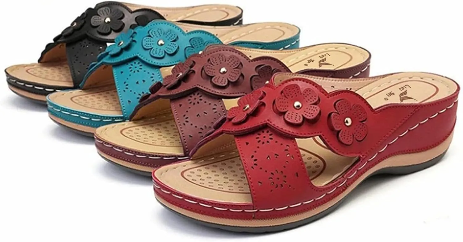 Womens Platform Wedge Sandals Orthopedic Sandals with Arch Support Cushion Footbed Platform Slide Hollowed Slip On Casual Bohemian Fashion Lightweight Slippers