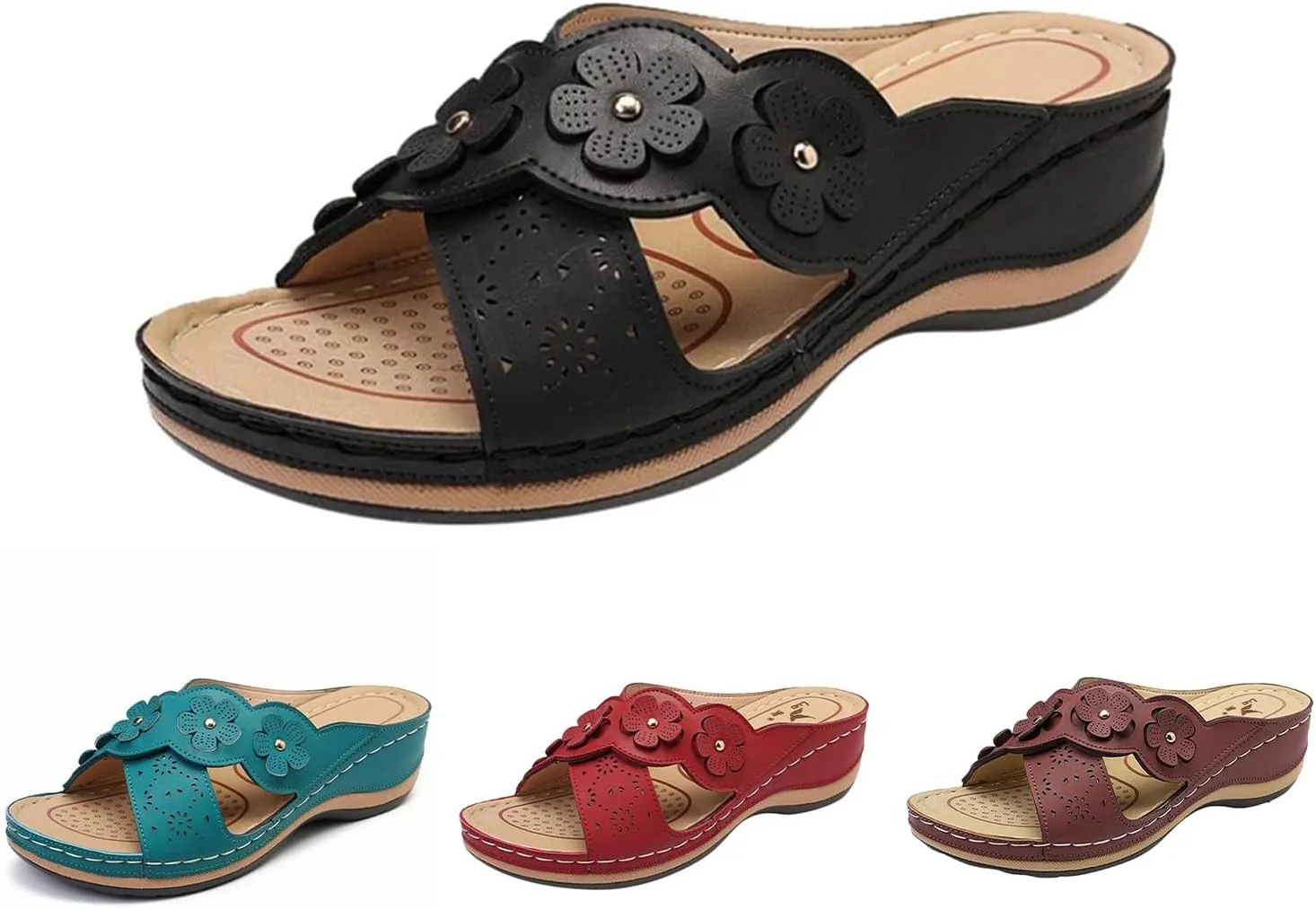 Womens Platform Wedge Sandals Orthopedic Sandals with Arch Support Cushion Footbed Platform Slide Hollowed Slip On Casual Bohemian Fashion Lightweight Slippers
