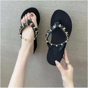 Women's Rhinestone Chain Platform Wedge Flip Flop Sandals,Women's Rhinestone Flip Flops,Fashion Flip Flop Sandals for Parties and Weddings