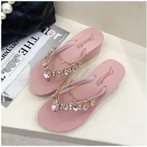 Women's Rhinestone Chain Platform Wedge Flip Flop Sandals,Women's Rhinestone Flip Flops,Fashion Flip Flop Sandals for Parties and Weddings