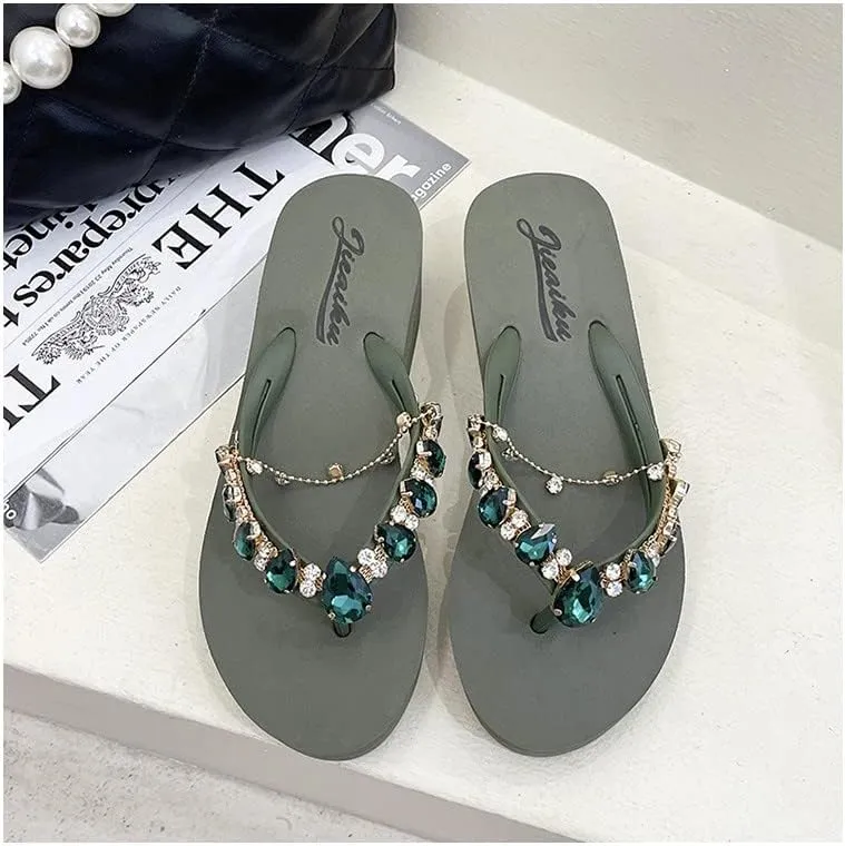 Women's Rhinestone Chain Platform Wedge Flip Flop Sandals,Women's Rhinestone Flip Flops,Fashion Flip Flop Sandals for Parties and Weddings
