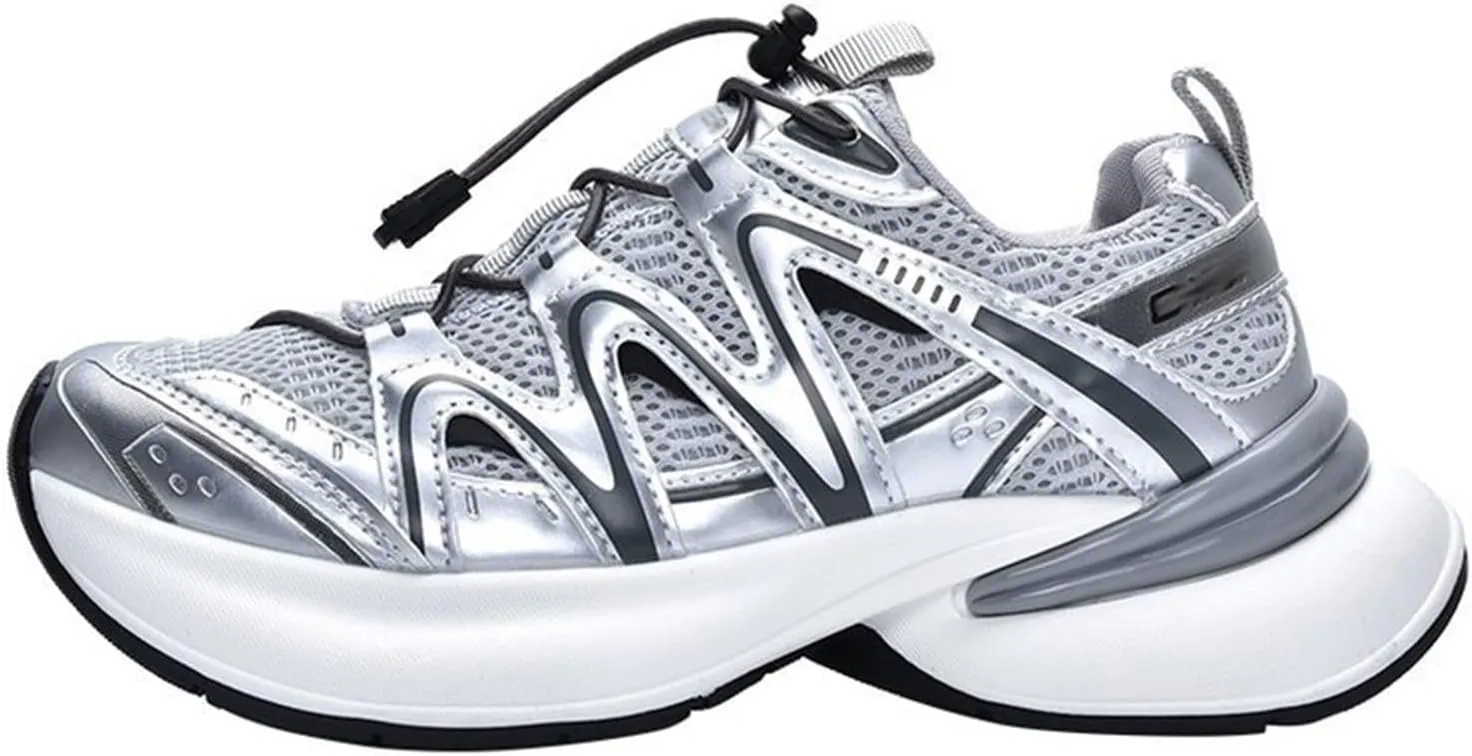 Women's Silver Chunky Sneakers, Spring/Summer Breathable Lightweight Sports Shoes with Platform, Fashionable Lace-Up Dad Trainers