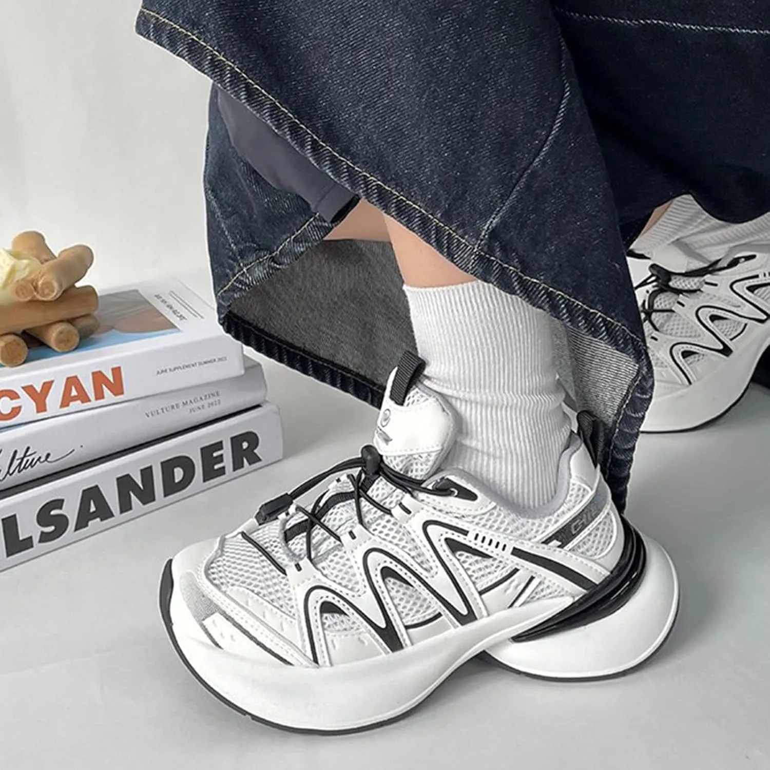Women's Silver Chunky Sneakers, Spring/Summer Breathable Lightweight Sports Shoes with Platform, Fashionable Lace-Up Dad Trainers