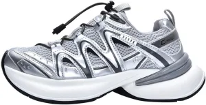 Women's Silver Chunky Sneakers, Spring/Summer Breathable Lightweight Sports Shoes with Platform, Fashionable Lace-Up Dad Trainers