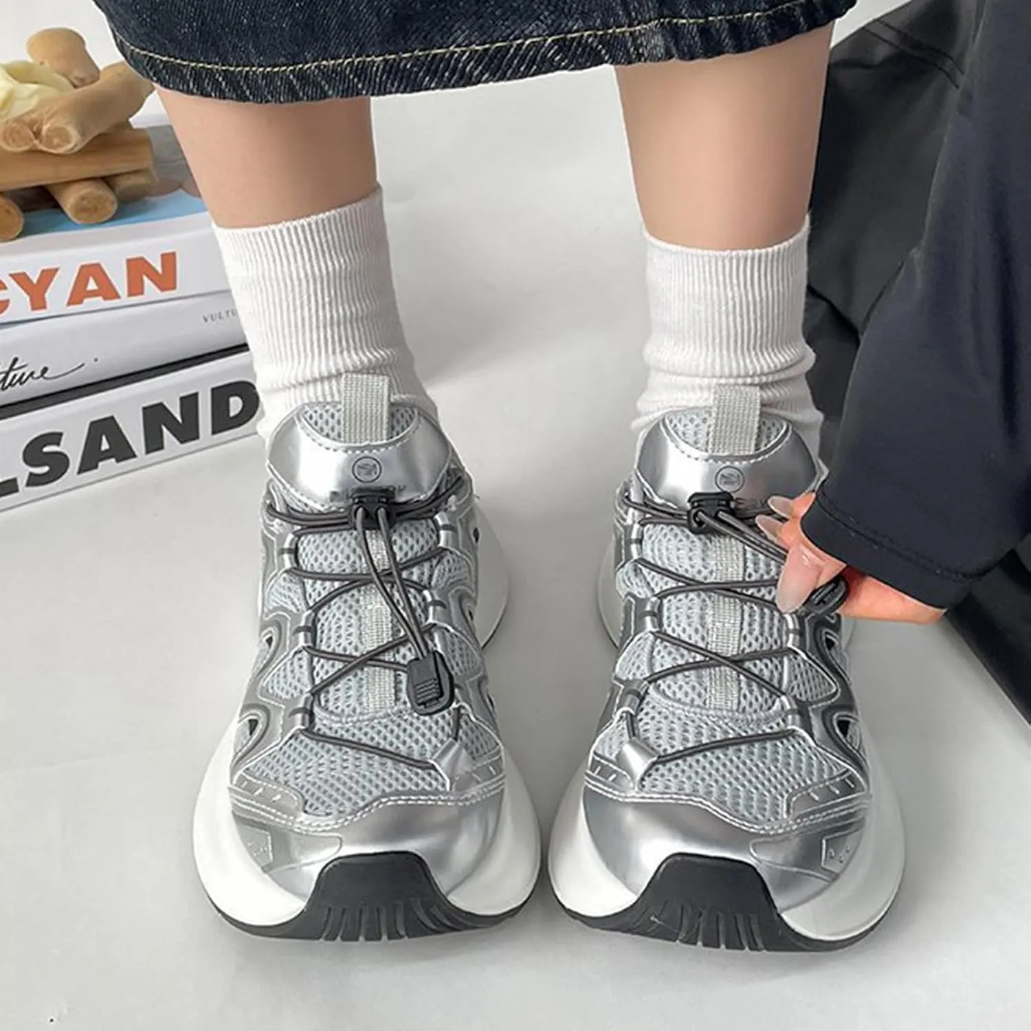 Women's Silver Chunky Sneakers, Spring/Summer Breathable Lightweight Sports Shoes with Platform, Fashionable Lace-Up Dad Trainers