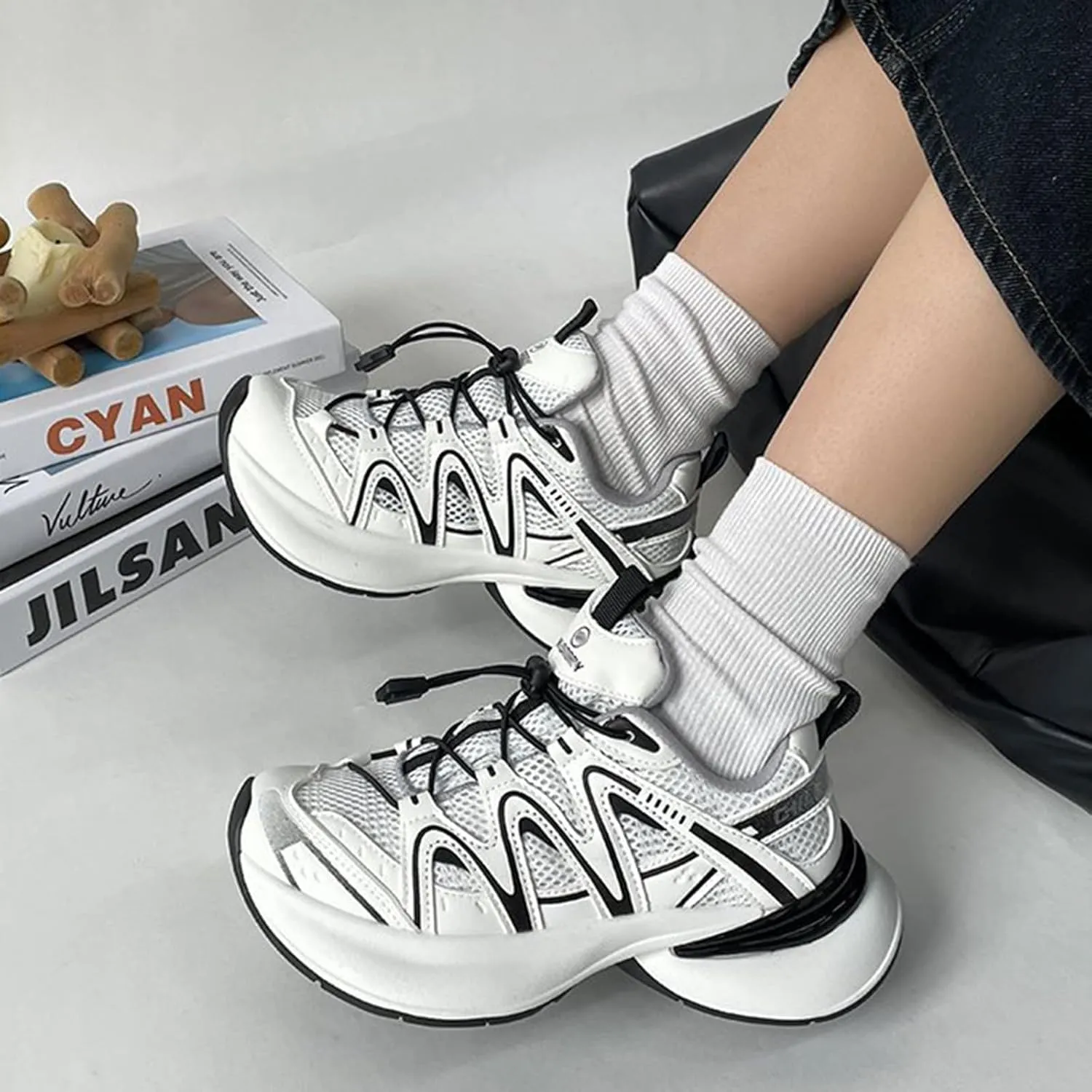 Women's Silver Chunky Sneakers, Spring/Summer Breathable Lightweight Sports Shoes with Platform, Fashionable Lace-Up Dad Trainers