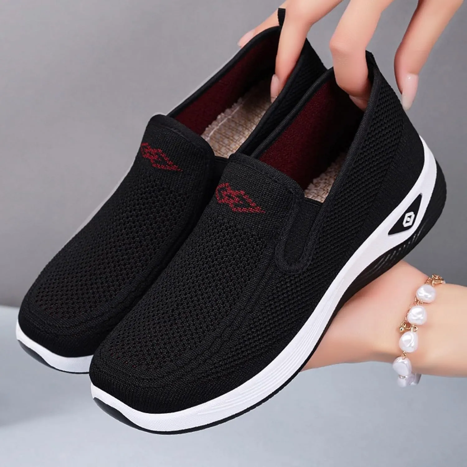 Women's Woven Orthopedic Breathable Soft Shoes Slip On Arch Support Walking Flying Sneakers Comfortable Wide Width Walking Shoes