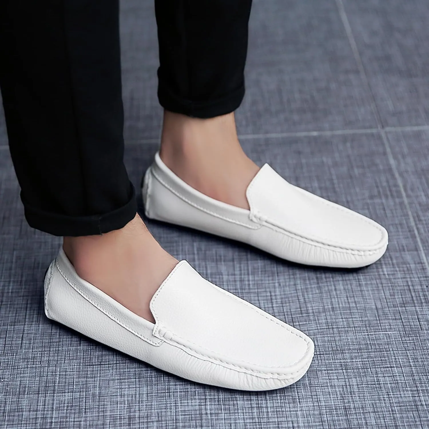 WUIWUIYU Men's Leather Loafers Casual Slip Ons Soft Penny Loafers Walking Driving Boat Shoes