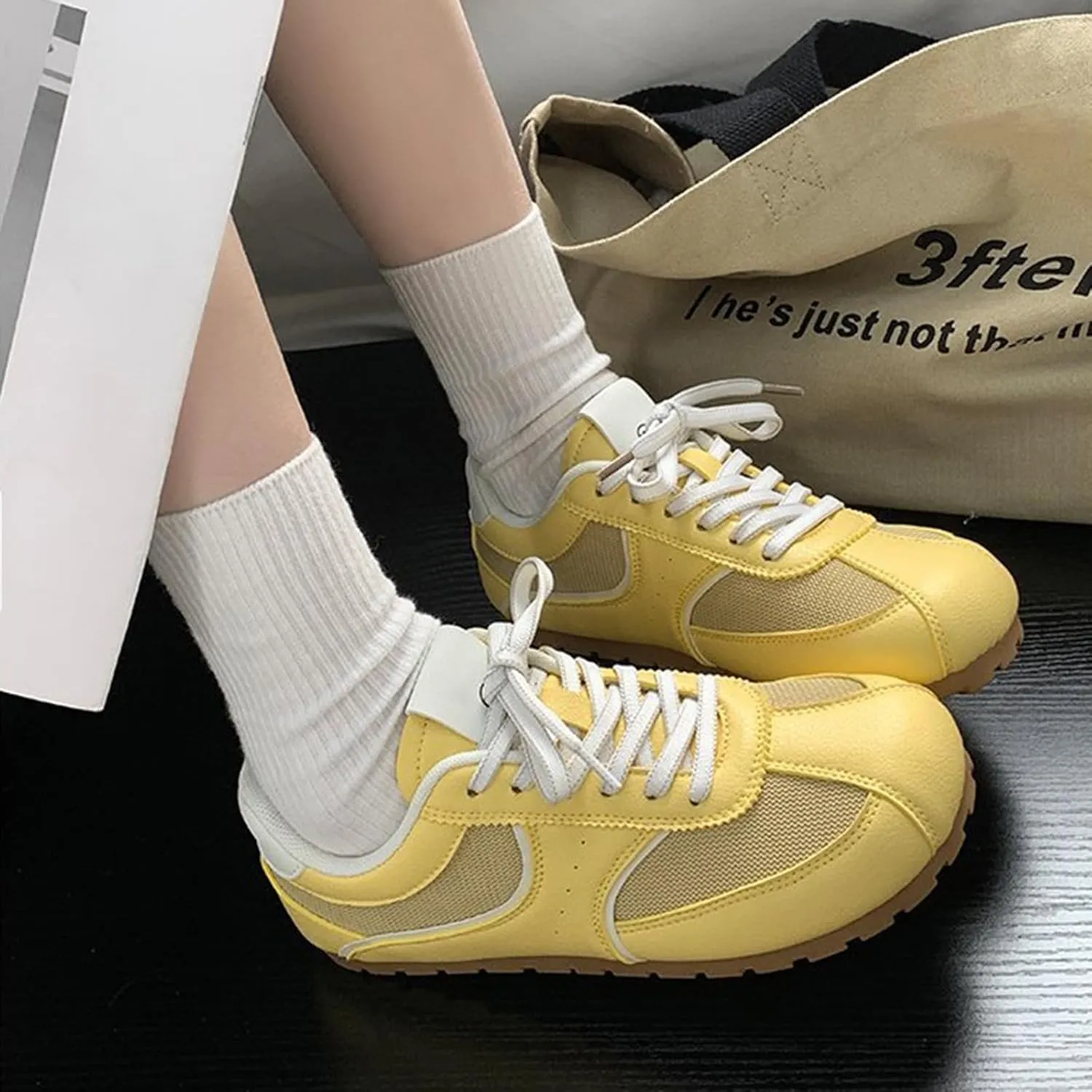 Yellow Mesh Breathable Spring Casual Sneakers Lightweight Ultra-Soft Flat Trainers Fashion Lace-Up Single Shoes