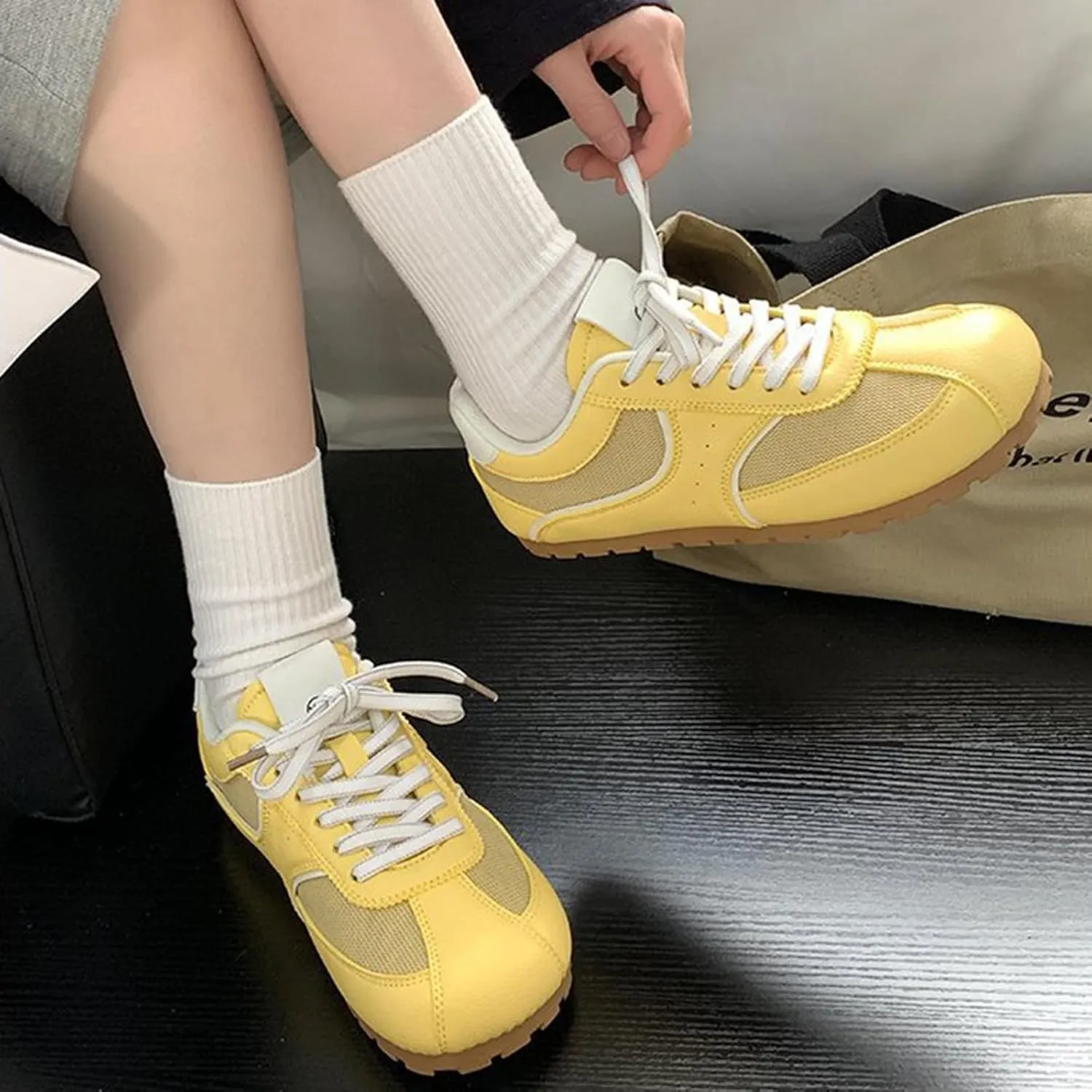 Yellow Mesh Breathable Spring Casual Sneakers Lightweight Ultra-Soft Flat Trainers Fashion Lace-Up Single Shoes