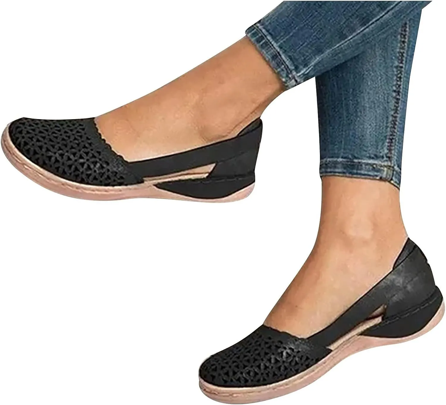 ZWRXW Sandals for Women Dressy Hollow Ballet Flats Round Toe Low Heels Lightweight Flats Sandals Casual Summer Slides Sandal Wedge Shoes Walking Shoes with Comfortable Plantar Fasciitis Arch Support