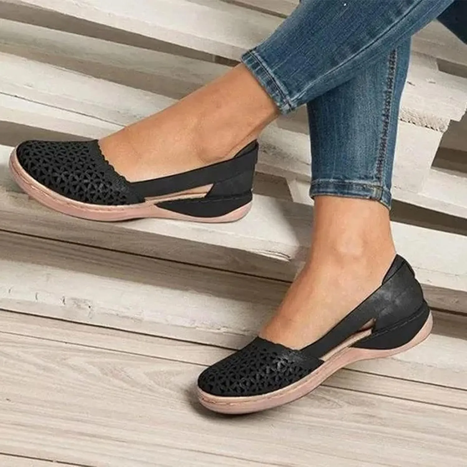 ZWRXW Sandals for Women Dressy Hollow Ballet Flats Round Toe Low Heels Lightweight Flats Sandals Casual Summer Slides Sandal Wedge Shoes Walking Shoes with Comfortable Plantar Fasciitis Arch Support